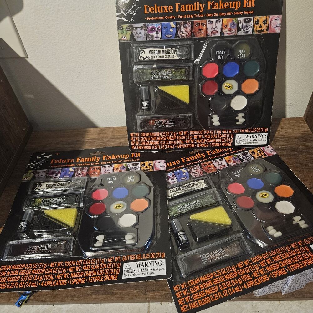 3 Pack Halloween Make-Up Kit with Face Paint, Fake Blood, Glitter. Easy On & Off